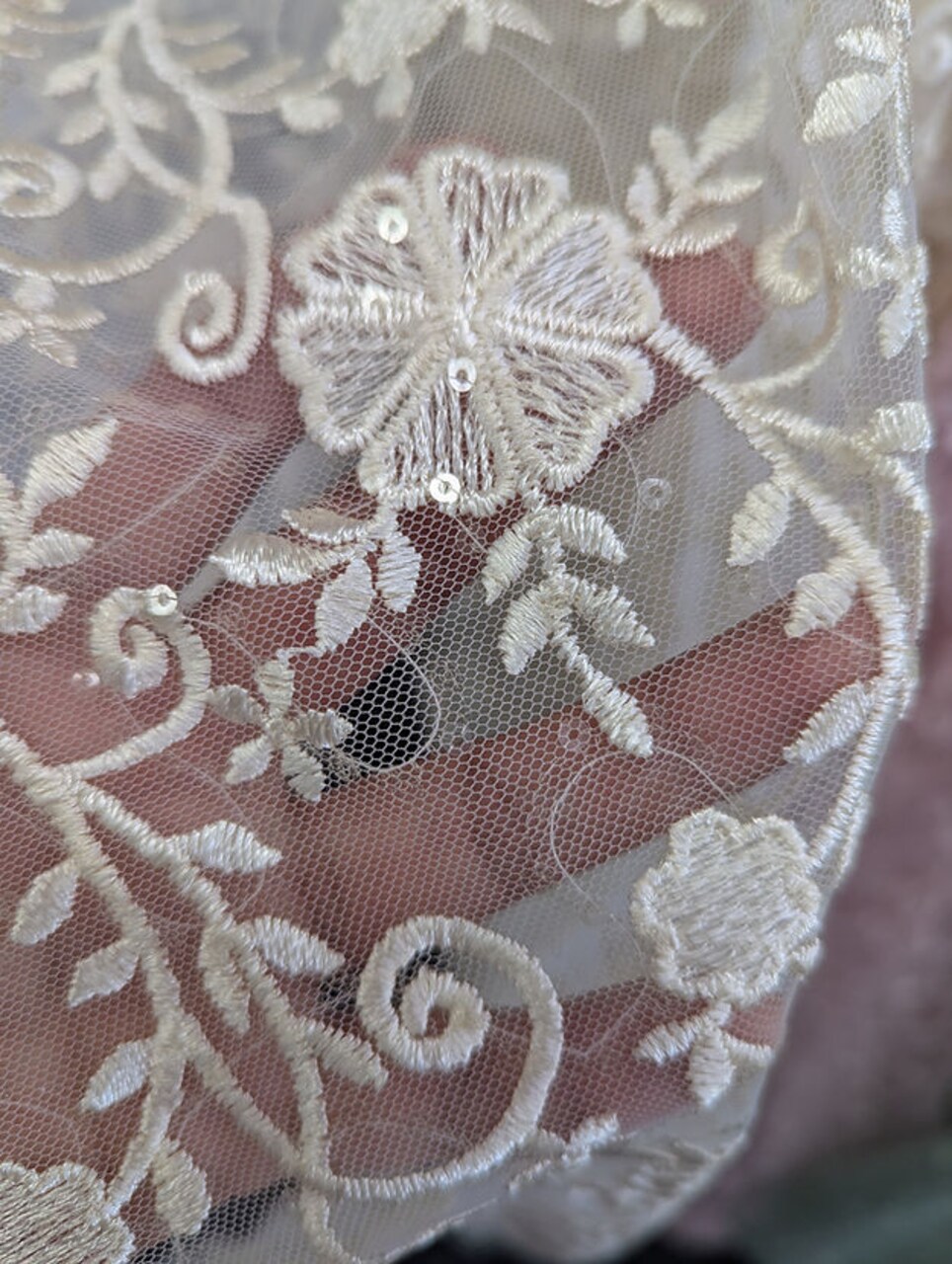 1 Yard Bridal Lace Fabric Elizabeth 100 Percent Polyester Mesh Embroidered with Sequins 49/50 Inches Width